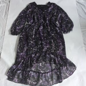 Simply Vera Vera Wang Black Purple Floral V-Neck Tie Waist Hi-Lo Dress - M